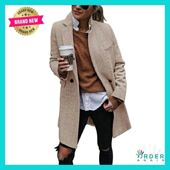 Notch Lapel Double Breasted Trench Coat Peacoat Long Blazer Jacket Classic Chic - Picture 2 of 8